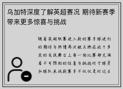乌加特深度了解英超赛况 期待新赛季带来更多惊喜与挑战 乌加特深度了解英超赛况 期待新赛季带来更多惊喜与挑战